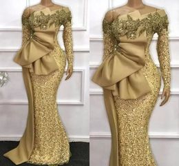 Goud Afrikaanse zeemeermin avondjurken glinsterende lovertjes lange mouwen grote boog satijn peplum prom feestjes plus size arabisch aso ebi vrouwen vestidos de festa al9707