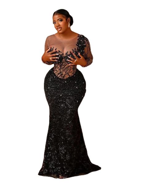 Plus La Taille Arabe Aso Ebi Noir Sirène Paillettes Robes De Bal Dentelle Cristaux Perlés Soirée Formelle Partie Deuxième Réception Robes Robe