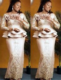 Plus la taille arabe Aso Ebi Champagne dentelle sexy mère de mariée robes manches longues gaine vintage bal soirée formelle robes de soirée robe