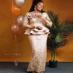 Plus size Arabisch aso ebi champagne kant sexy moeder van bruid jurken lange mouwen schede vintage prom avond formele feestjurken jurk 244V