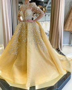 Plus size Arabische Aso Ebi Gold Luxueuze Sparkly Prom Dresses Sheer Neck Evening Formeel feest tweede receptie verjaardag verlovingsjurken jurk zj567 407