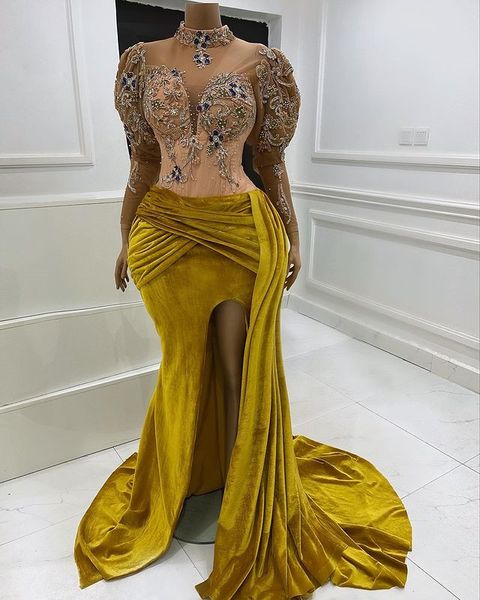 Talla grande árabe aso ebi oro sirena sexy vestidos de fiesta de encaje cristales con cuentas de encaje