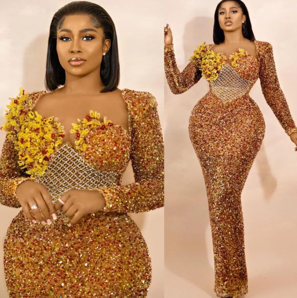 Talla grande árabe aso ebi oro vaina brillante vestidos de fiesta