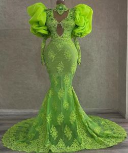 Vestidos de fiesta de sirena verde Aso Ebi árabe de talla grande, cuello alto, encaje, manga larga, fiesta de noche, segunda recepción, vestidos de compromiso de cumpleaños BES121