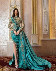 Plus size Arabische Aso Ebi Hunter Green Mermaid Prom Dresses kristallen Lace Evening Formeel feest tweede receptie verjaardag verlovingsjurken jurk 0818