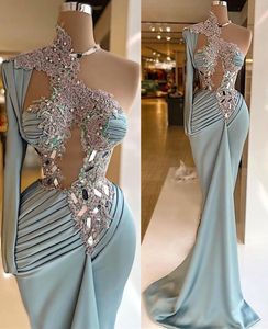 Plus taille arabe aso ebi en dentelle cristaux perles robes de bal de bal de cou high coude soirée formelle deuxième réception robes d'anniversaire robe zj44e