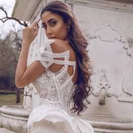 grande taille arabe aso ebi luxueux robes de mariée en dentelle perlée sirène pure cou robes de mariée robes de mariée vintage zj034228f