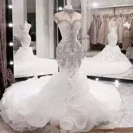 Plus size Arabische Aso Ebi luxe kralen kristallen trouwjurken hoge hals zeemeermin bruidsjurk pure hals bruidsjurken