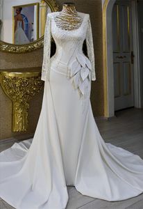 Plus size Arabische aso ebi luxueuze kanten schede bruiloft hoge nek kralen bruidsjurken jurken zj705 407