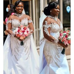 Plus size Arabische aso ebi luxueuze zeemeermin wankelachtige trouwjurk met afneembare trein hoge nek lange mouwen bruidsjurken jurken jurken vestidos de novia es es es es es es