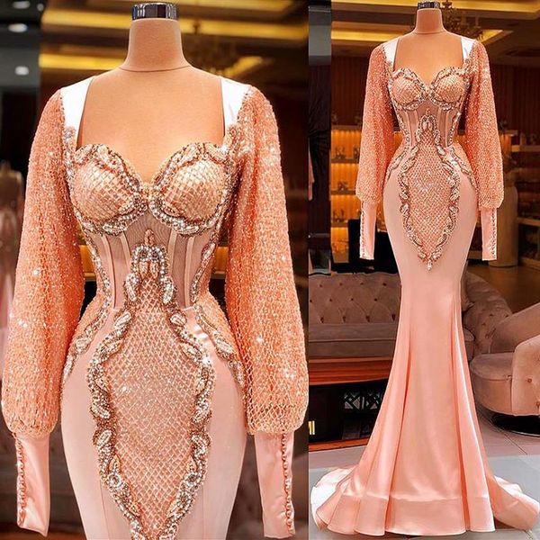 Más el tamaño árabe Aso Ebi Lujosa sirena Vestidos de baile sexy melocotón rosa Encaje con cuentas Manga larga Noche Fiesta formal Segundo Recep265r