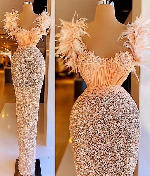 Plus taille arabe aso ebi luxueux robes de bal sexy brillantes gaine à paillettes de plumes soirée formelle deuxième robes de réception robe zj322 0422