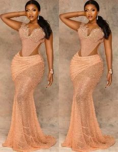 Grande taille arabe Aso Ebi sirène dentelle dorée robes de bal col transparent perlé soirée formelle fête deuxième réception robes robe
