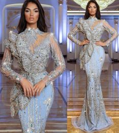 Plus taille arabe aso ebi sirène luxueuse robes de bal sexy cristaux en lace en lace soir fête formelle deuxième robes de réception robe zj205