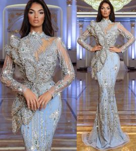 Plus taille arabe aso ebi sirène luxueuse robes de bal sexy cristaux en lace en lace soir fête formelle deuxième robes de réception robe zj205