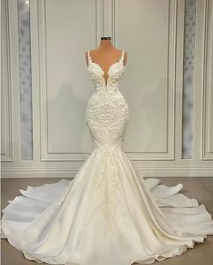 Plus la taille arabe Aso Ebi sirène robes de mariée sexy luxueux spaghetti chérie dentelle perlée chapelle train robes de mariée robe