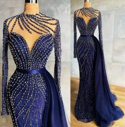 Más el tamaño árabe Aso Ebi Azul marino Vestidos de baile lujosos Con cuentas Sirena Encaje Noche Fiesta formal Segunda recepción Vestidos Vestido