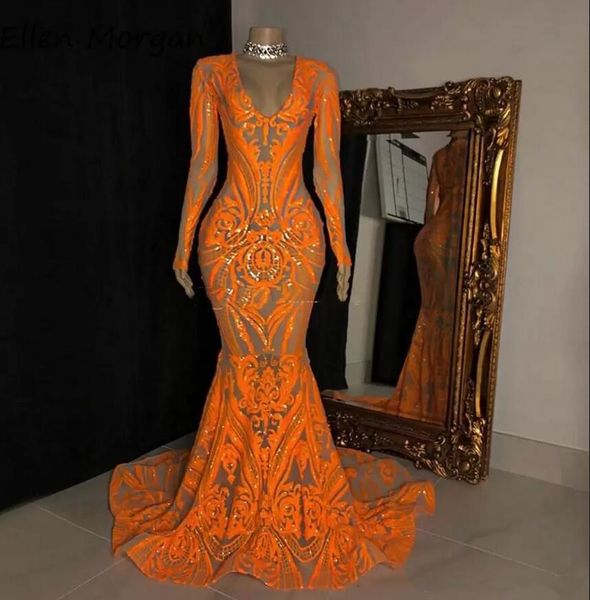 Robes de bal de sirène de paillettes scintillantes orange 2022 dentelle africaine col en V manches longues robes de soirée balayage train robe de soirée formelle
