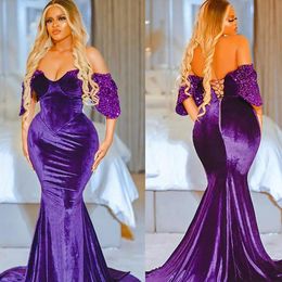 Plus La Taille Arabe Aso Ebi Violet Sirène Élégant Robes De Bal Chérie Velours Soirée Formelle Deuxième Réception Anniversaire Robes De Fiançailles Robe