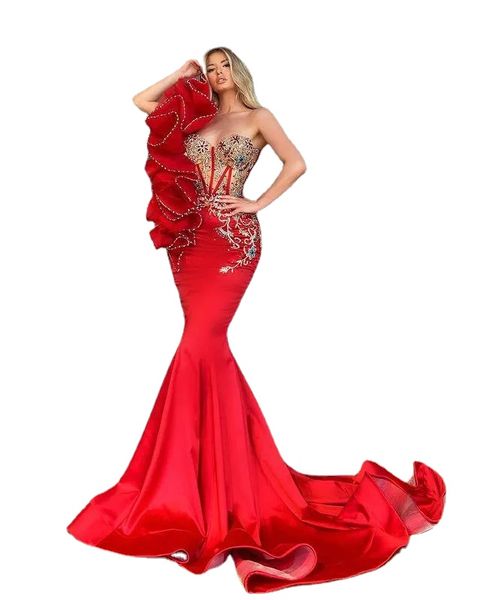 Tallas grandes Árabe Aso Ebi Rojo Lujoso Sirena Vestidos de baile Cristales moldeados Noche elegante Fiesta formal Segunda recepción Vestidos Vestido CG001