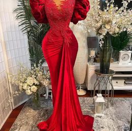 Plus la taille arabe Aso Ebi rouge sirène dentelle robes de bal perlée pure cou velours soirée formelle fête deuxième réception robes robe