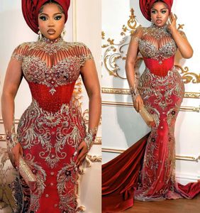 Plus taille arabe aso ebi sirène rouge robes de bal luxueuses en dentelle cristaux de perles de soirée soirée formelle deuxième réception anniversaire robes de fiançailles habillées zj463 407