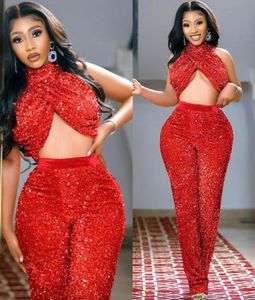 Plus size Arabische aso ebi rood lovertjes jumpsuits prom jurken hoge nek backless avond formeel feest tweede receptie bruidsmeisjury jurken jurken