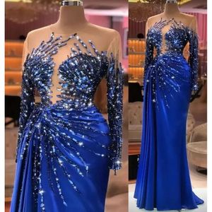 Plus size Arabische Aso Ebi Royal Blue Luxe prom jurken kristallen kristallen pure nekavond formeel feest tweede receptie jurken jurk B0602A120