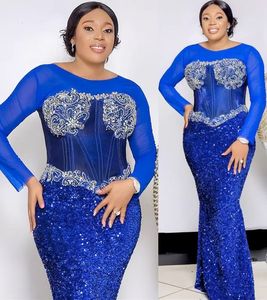 Plus size Arabisch Aso Ebi Royal Blue Mermaid Prom Dresses kristallen avond formeel feest tweede receptie verjaardag bruidsmeisje verlovingsjurken jurken