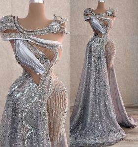 Plus size Arabisch Aso Ebi Sparkly Silver Luxueuze prom jurken Garnes kristallen avond formeel feest tweede receptie verjaardag verlovingsjurken jurken jurken