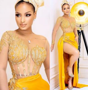 Plus La Taille Arabe Aso Ebi Jaune Dentelle Perlée Robes De Bal Sheer Cou Soirée Formelle Partie Deuxième Réception Anniversaire Robes De Fiançailles Robe