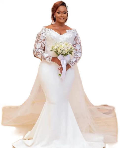 Plus la taille Aso Ebi Boho robe de mariée 2022 robes de mariée sirène africaine blanche avec dentelle à manches longues plage jardin robes de mariée So201M