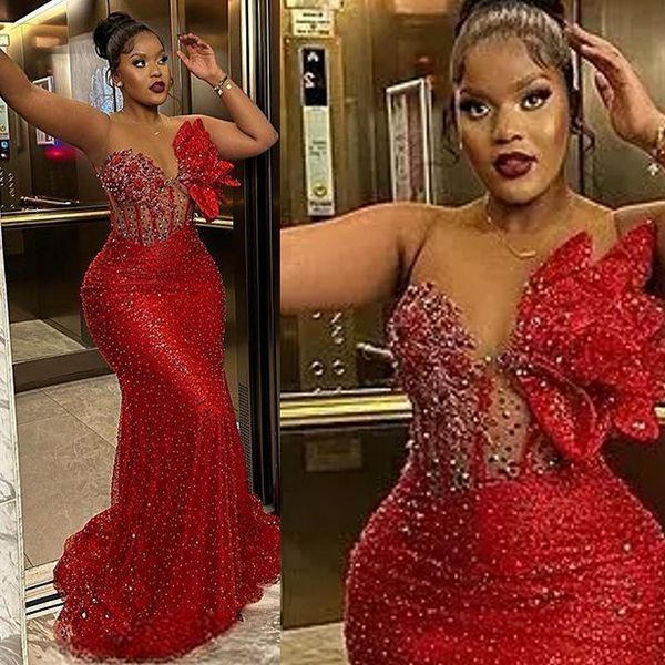 Vestidos de fiesta de sirena Aso Ebi de talla grande, joya roja con cuentas y lentejuelas, vestido de noche africano de Nigeria, vestidos de celebración de fiesta