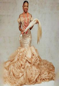 Plus size aso ebi mermaid prom jurken pailletten kwellen tieren gezwollen organza Afrikaanse vrouwen formele feestjurk gouden avondjurken2701578