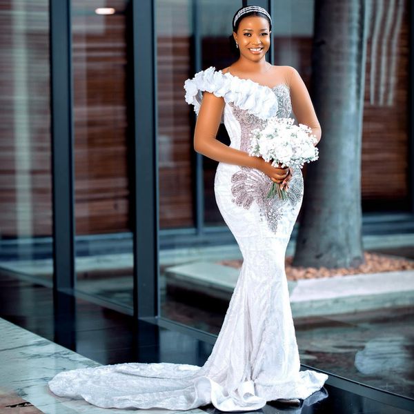 Plus taille aso ebi sirène robe de mariée pour la mariée illusion robes nuptiales strass de lacet décorées