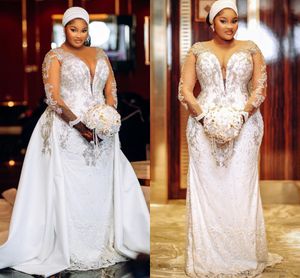 Aso Ebi – robe de mariée sirène, grande taille, avec traîne détachable, effet d'illusion, manches longues, dentelle perlée africaine, robe de mariée