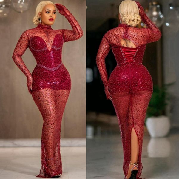 Grande taille Aso Ebi robes de bal pour occasions spéciales illusion sirène paillettes dentelle robes de soirée robe de bal deuxième robes de réception robe de fête de fiançailles NL145