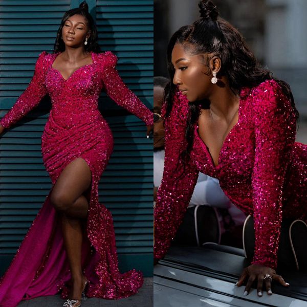 Grande taille Aso Ebi robes de bal fuchsia manches longues robe de soirée en dentelle pailletée pour femmes noires filles tenue fendue dentelle perlée deuxième réception robes d'anniversaire NL518