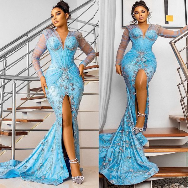 Grande taille Aso Ebi robes de bal illusion sirène col en V bleu glace haute fente robe de soirée formelle pour occasions spéciales robes de fête d'anniversaire deuxième robe de réception NL125