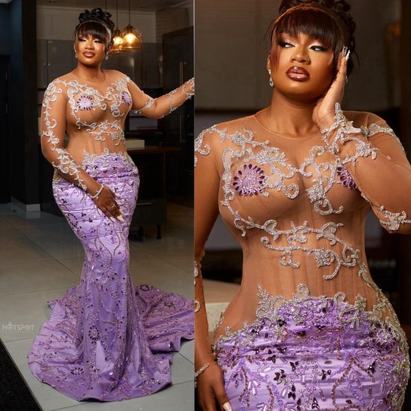 Grande taille Aso Ebi robes de bal illusion sirène manches longues col transparent violet robes de soirée formelles élégantes pour les occasions spéciales robes de fête d'anniversaire Gala ST718