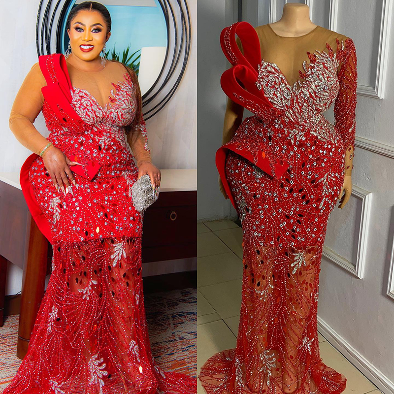 Plus la taille Aso Ebi robes de bal luxueux rouge sirène perlée robe de soirée manches longues Gala scintillant africain deuxième réception robes robe de fête d'anniversaire AM140