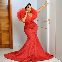 Plus taille aso ebi robes de bal sirène en dentelle en tulle robes de soirée rouge élégant pour africain nigéria noire noires deuxième robe de réception deuxième robes de réception am360