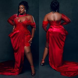 Grande taille Aso Ebi robes de bal courtes avec train détachable manches longues robe de soirée pour femmes noires filles tenue dentelle perlée deuxième réception robes d'anniversaire NL514