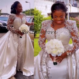 Grande taille Aso Ebi robe de mariée avec surjupe train Spakle perlé à manches longues sirène église robes de mariée doux Satin mariée pays robe de noiva robe de mariée