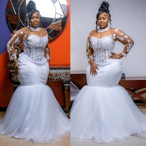 Plus la taille Aso Ebi robes de mariée illusion sirène col haut manches longues dentelle tulle robes de mariée pour africain arabe Nigeria noir femmes filles robe de mariage D106