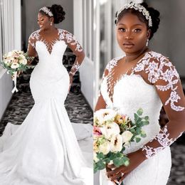 Plus taille aso ebi robes de mariée sirène siroute manche à manches longues en dentelle en dentelle robe nuptiale pour les femmes noires africaines mariées magnifiques robes nues en tulle CDW168