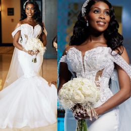 Plus la taille Aso Ebi robes de mariée sirène épaule dénudée illusion robes de mariée sexy pour africain arabe Nigeria femmes noires mariée à plusieurs niveaux robe de mariage en tulle D101