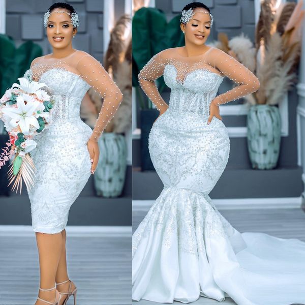 Vestidos de novia ASO EBI de talla grande Mermaid Cuello por cuello transparente Pearls Vestido de novia para mujeres africanas Black Women Bride with Detachable Train Gotss CDW169