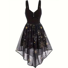 Plus size herfst casual jurk maan zon print contrast mesh knop decor v nek gelaagd sexy zwart 240411