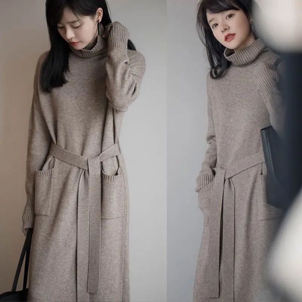 Grande taille robe d'automne femmes décontracté lâche tricoté robe pull en laine femme à lacets col roulé robe d'hiver coréenne 231226